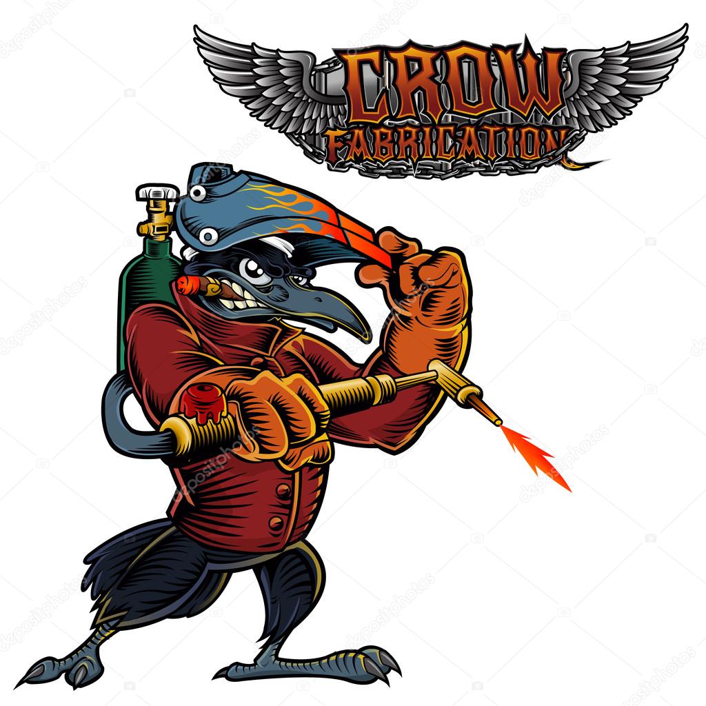 Cartoon Mascot Image of a Raven, Crow or Black Bird.Illustration of a welder Crow welding and text