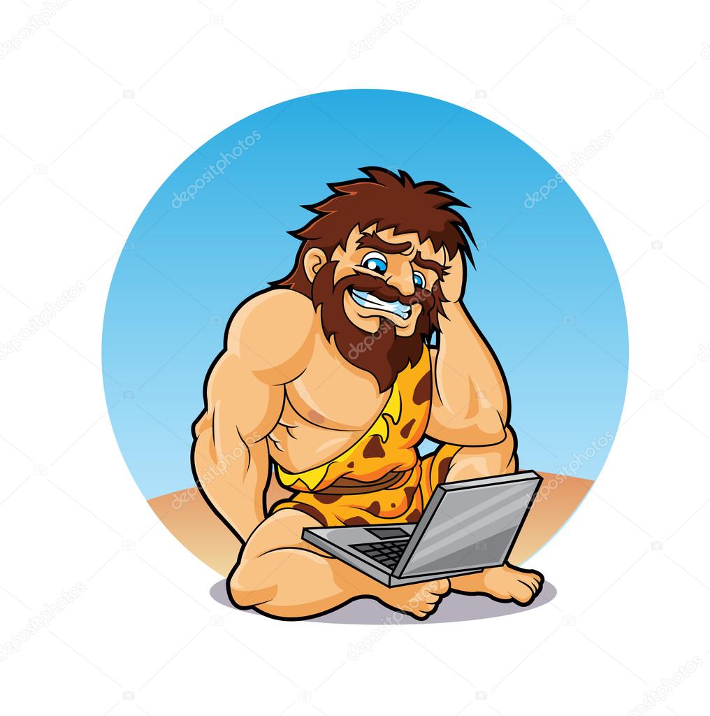 Caveman surprised to find a laptop