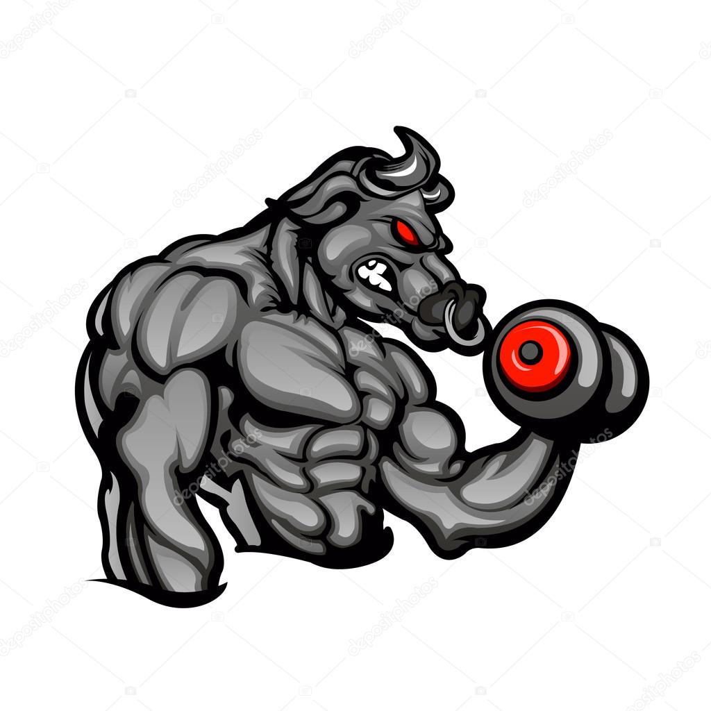 a strong angry bull with a barbell