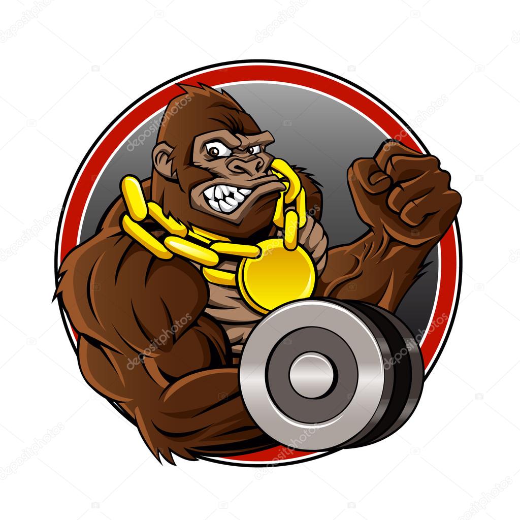 Angry gorilla with dumbbell and gold chain