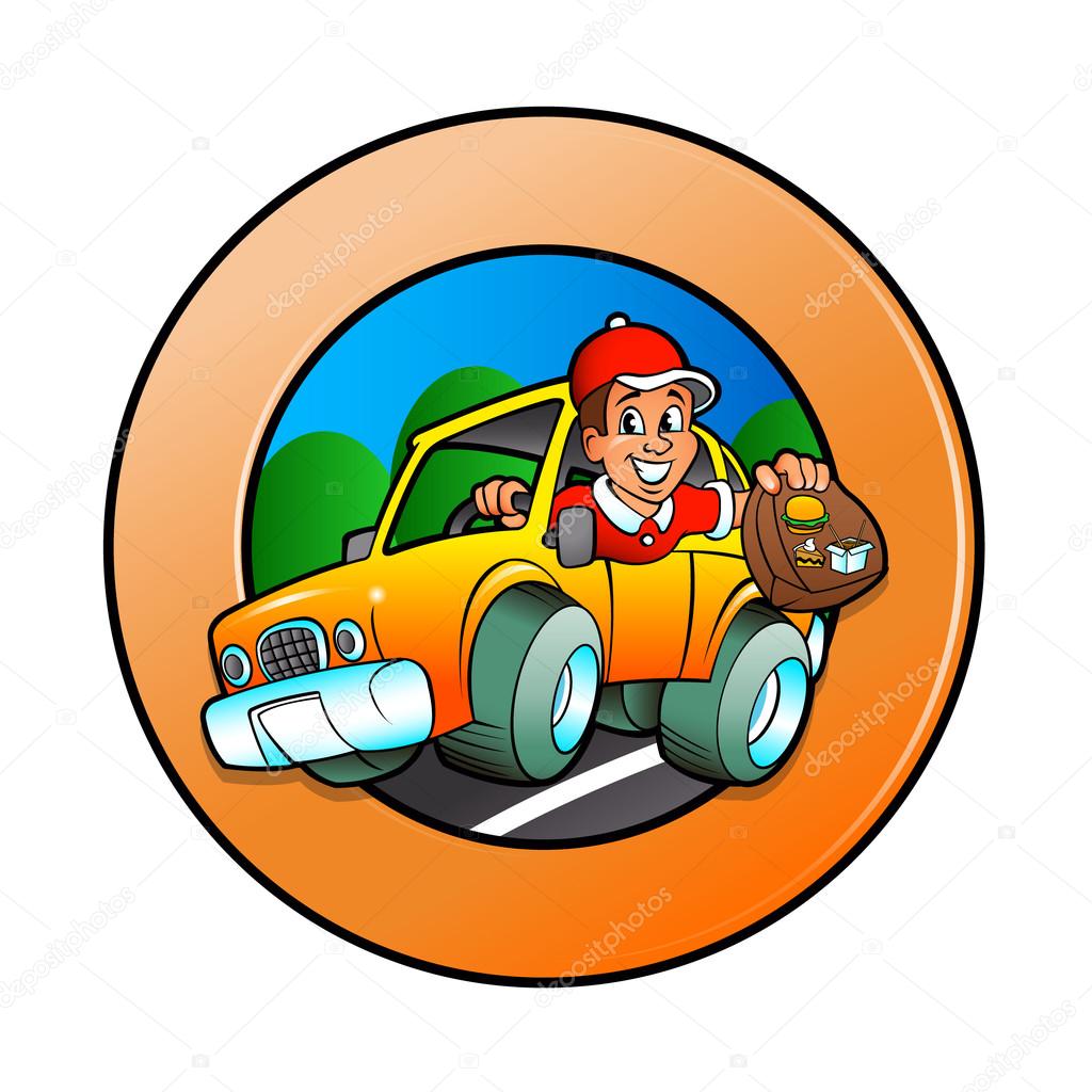 Cartoon man in delivery car
