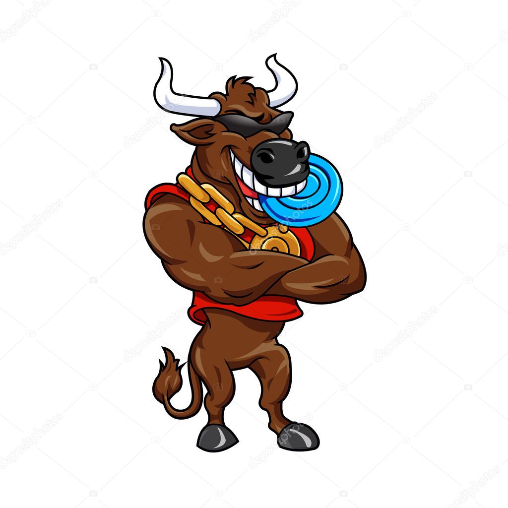 Happy cartoon bull with a blue Frisbee