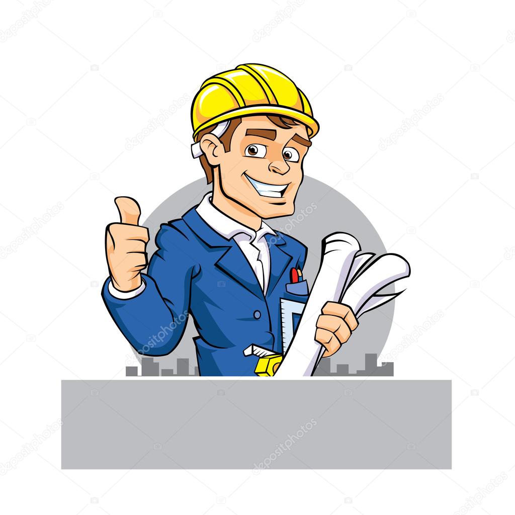 cartoon engineer holding tool and paper