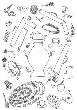 Simit çizgisi tatlı illüstrasyon semaver çayı izole edilmiş beyaz.