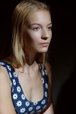 Doğal makyaj ve b ile genç seksi kız düşük anahtar portresi