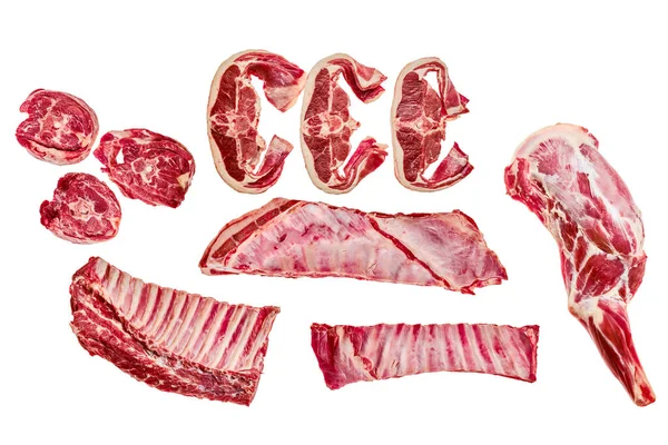 Frische Lammkoteletts Verschiedene Teile Von Hammelfleisch Isoliert Auf Weiß — Stockfoto