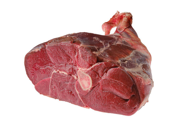 Top view of raw fresh young beef leg isolated on white background