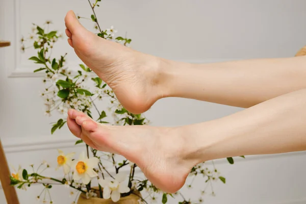 Красиві Жіночі Ноги Плетеному Кріслі Спальні — стокове фото