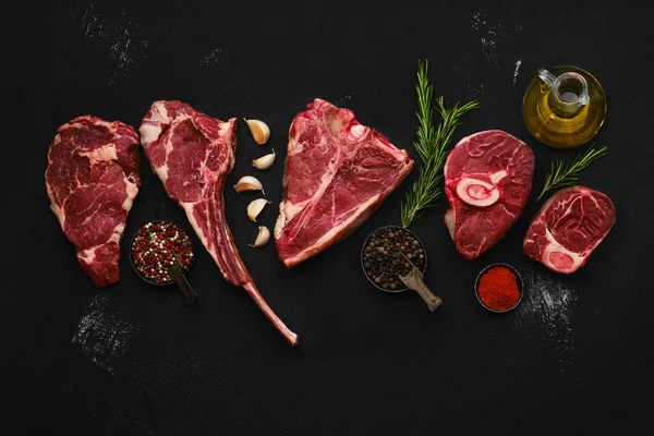 Overhead Composition Raw Prime Beef Cuts Porter House Cowboy Steak — Stock Photo, Image