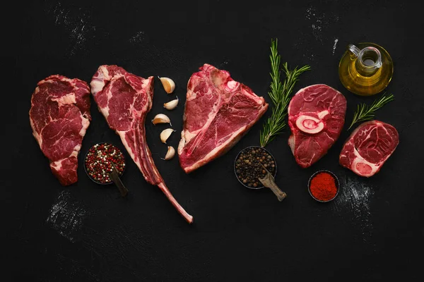 Composición Aérea Con Cortes Carne Cruda Primera Calidad Portero Filete — Foto de Stock