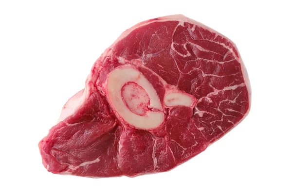 Vista Sopraelevata Dello Stinco Crudo Manzo Tagliato Croce Ossobuco Isolato — Foto Stock