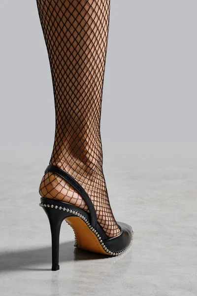 Closeup View Female Leg Fishnet Tights Open Heel Stiletto — Stock Photo, Image