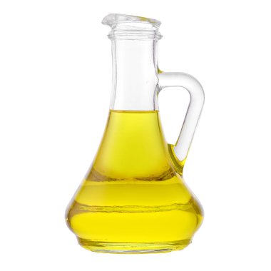 Transparent glass jug with olive oil