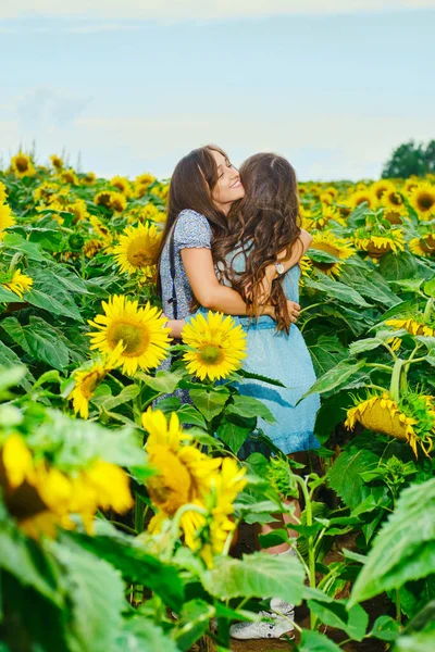 Twee Vrouwelijke Vrienden Knuffelen Elkaar Zonnebloemveld — Stockfoto