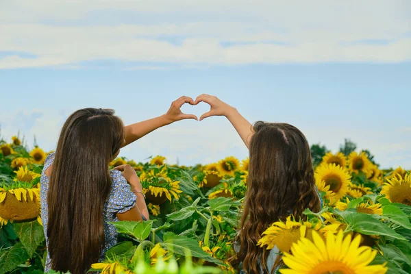 Twee Vrouwelijke Vrienden Vouwen Ther Palmen Vorm Van Een Hart — Stockfoto