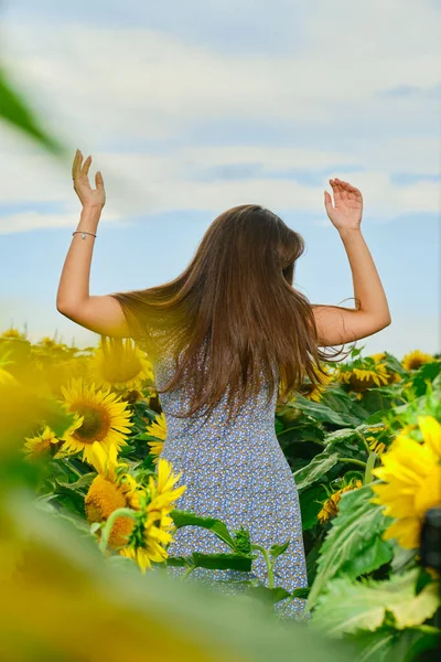 Zorgeloze Jonge Vrouw Dansen Zonnebloem Veld — Stockfoto