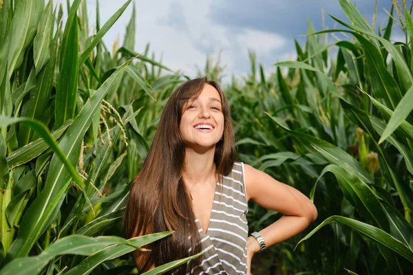 Laughing Woman Standing Corn Field — Stock fotografie