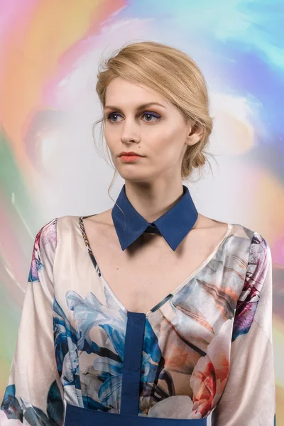 Pretty girl in dress with collar posing in studio — Stock Photo, Image