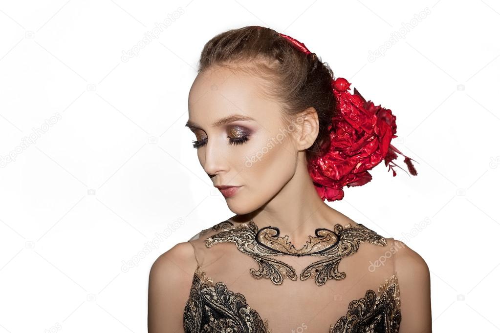 pretty girl in red circlet of flowers in hair