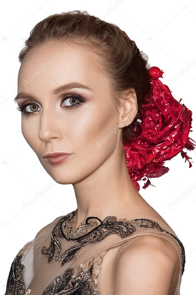 pretty girl in red circlet of flowers in hair