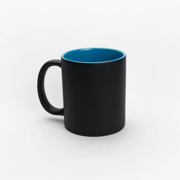 Bleu Avec Tasse Café Noire Sur Fond Blanc — Photo