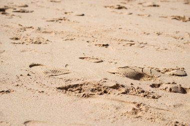 Deniz kumu ve oradan geçen ayak izleri. Boca do Rio plajı Salvador, Bahia, Brezilya.