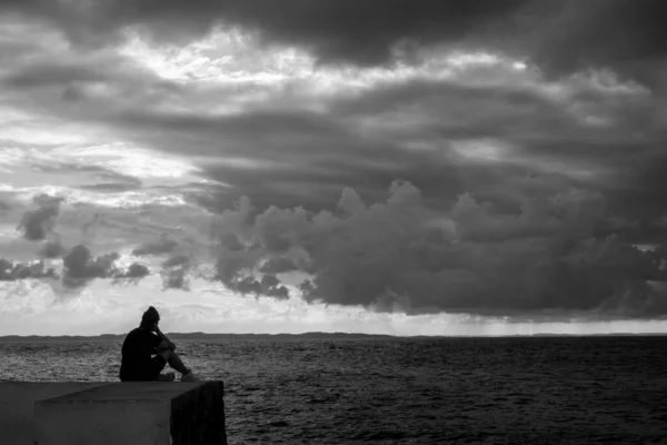 Salvador Bahia Brazil May 2021 Dramatic Sunset Ponta Humait Person — Stock Photo, Image