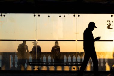 Salvador, Bahia, Brezilya - 17 Haziran 2021: Ağaç günbatımında siluet, otobüs durağı ve Porto da Barra 'nın kenarında yürüyen insanlar.