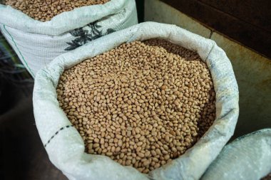 Büyük beyaz çuval bezelye dolu yakın plan bir bej fasulye, depolanmaya ya da satışa hazır..