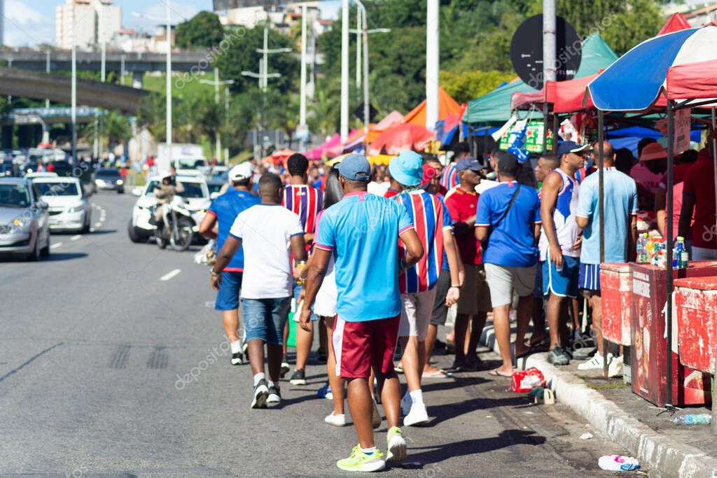 Salvador, Bahia, Brazil - November 2, 2025: A busy scene of dozens of Esporte Clube Bahia fans wearing the club's shirt at Arena Fonte Nova. Salvador, Brazil.