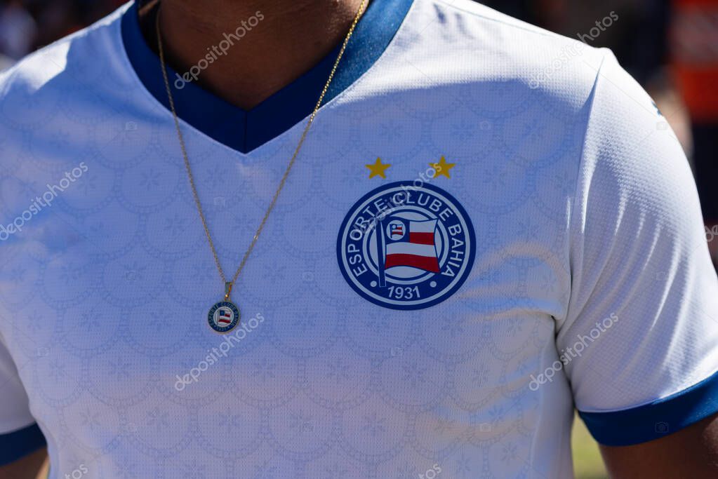 Salvador, Bahia, Brazil - November 2, 2025: A fan of Esporte Clube Bahia displays a shirt with the team's crest before the game against Bragantino. Salvador, Bahia.