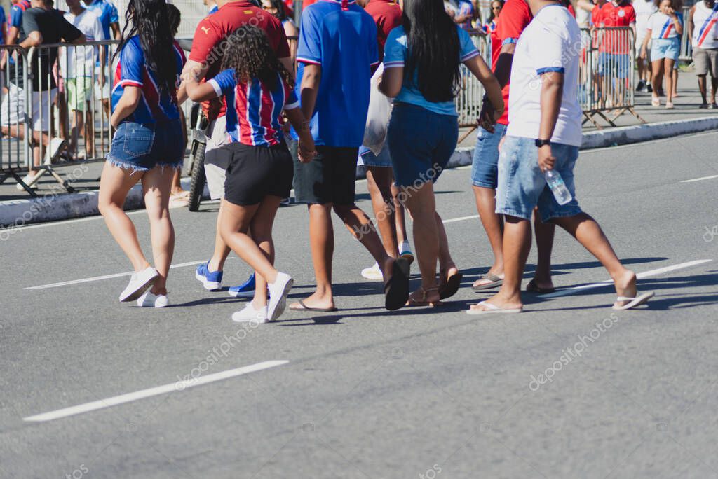 Salvador, Bahia, Brazil - November 2, 2025: A busy scene of dozens of Esporte Clube Bahia fans wearing the club's shirt at Arena Fonte Nova. Salvador, Brazil.