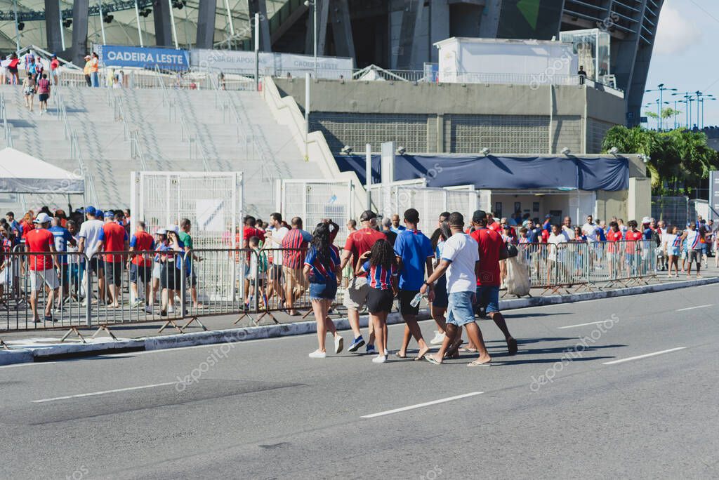 Salvador, Bahia, Brazil - November 2, 2025: A busy scene of dozens of Esporte Clube Bahia fans wearing the club's shirt at Arena Fonte Nova. Salvador, Brazil.
