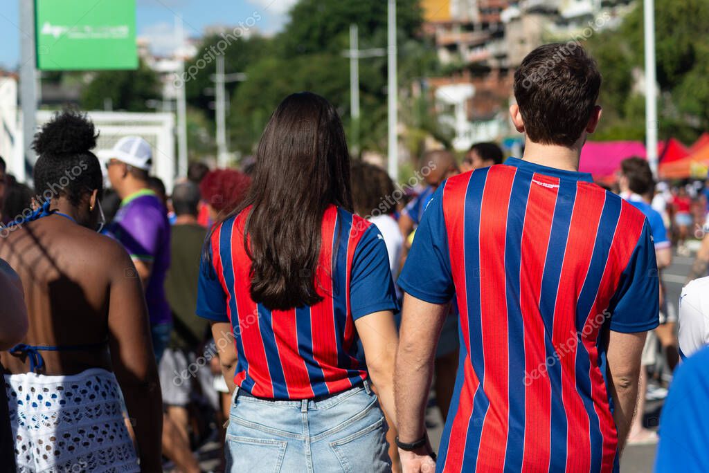 Salvador, Bahia, Brazil - November 2, 2025: Fans of Esporte Clube Bahia are seen arriving at the Arena Fonte Nova stadium on a Brazilian championship match day. Salvador, Brazil.