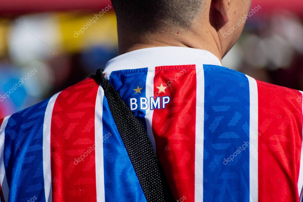 Salvador, Bahia, Brazil - November 2, 2025: A lively scene of Esporte Clube Bahia fans wearing club shirts for the game against Bragantino. Salvador, Brazil.