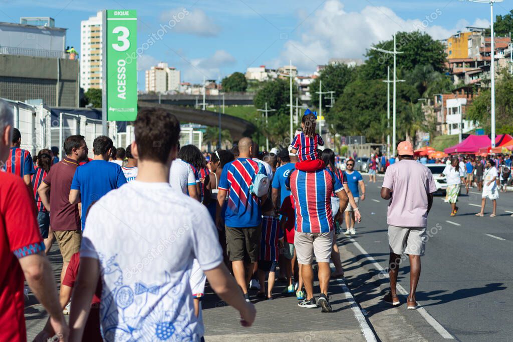 Salvador, Bahia, Brazil - November 2, 2025: Fans of Esporte Clube Bahia are seen arriving at the Arena Fonte Nova stadium on a Brazilian championship match day. Salvador, Brazil.