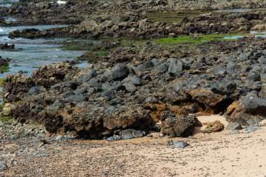 Kaya oluşumları ve deniz kenarındaki doğal havuzlarla panoramik bir sahil manzarası. Mavi okyanus, parçalı bulutlu bir gökyüzünün altında ufka doğru uzanıyor ve tropikal kıyıların tipik sakin ve doğal atmosferini oluşturuyor..