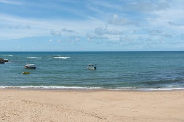 Salvador, Bahia, Brezilya - 2 Kasım 2025: Güneşli bir günde Rio Vermelho sahilinin geniş panoramik manzarası. Bahia, Salvador şehri..