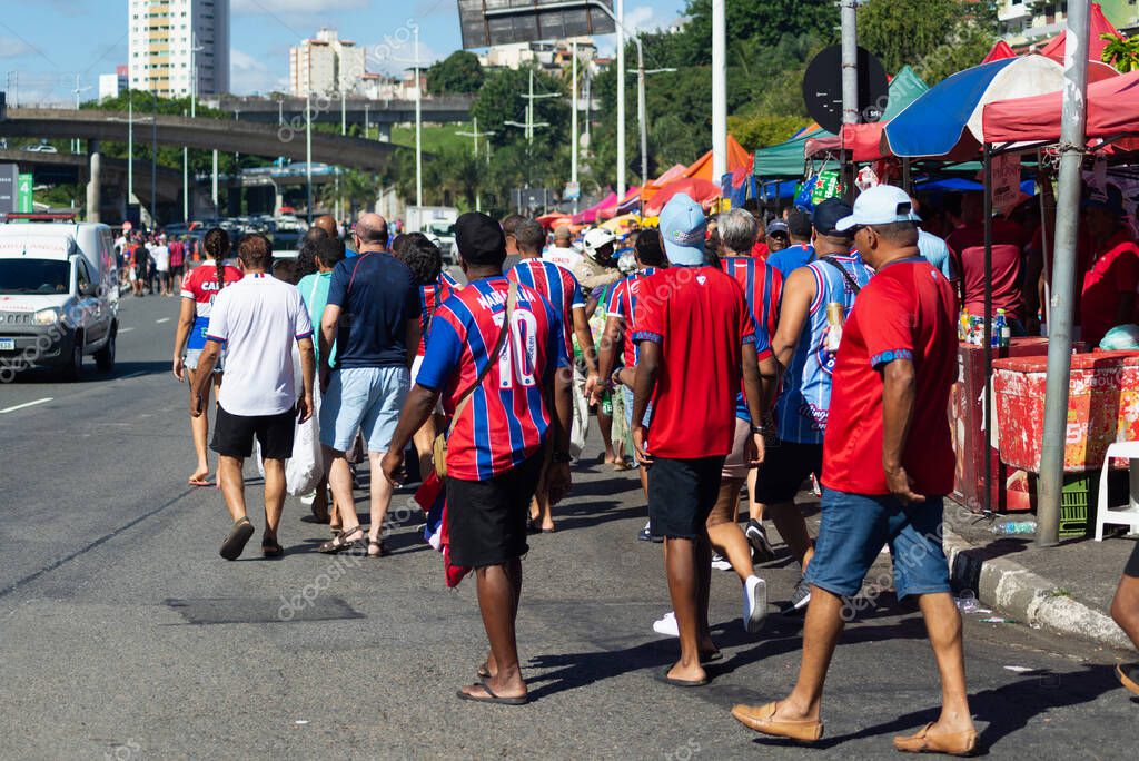 Salvador, Bahia, Brazil - November 2, 2025: A busy scene of dozens of Esporte Clube Bahia fans wearing the club's shirt at Arena Fonte Nova. Salvador, Brazil.