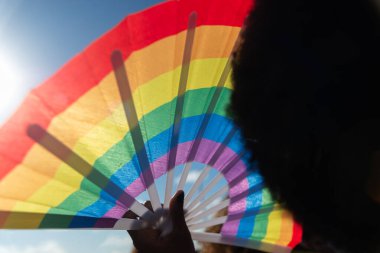 Salvador, Bahia, Brezilya - 14 Eylül 2025: Salvador, Bahia 'daki Farol da Barra' da düzenlenen bir gösteri sırasında bir kişi LGBT bayrağı renginde bir yelpaze tutuyor.