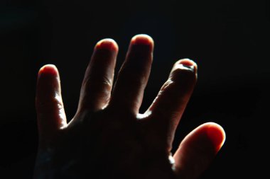 Beş parmağın yayılmış, arka ışıklandırılmış, kırmızı ışığın ince deriden geçtiği, güçlü bir böbrek ışığı etkisi yaratan elin arka görüntüsü..