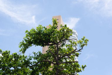 Salvador, Bahia, Brezilya - 23 Ocak 2026: Açık renkli balkonları ağaçların yeşiliyle çelişen bir binanın ayrıntıları. Salvador, Bahia.