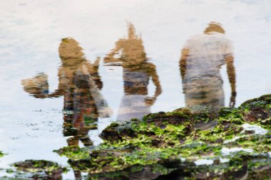 Salvador, Bahia, Brezilya - 2 Şubat 2026: Salvador, Bahia 'da düzenlenen Iemanja festivali sırasında suda yosunlu insan ve kayaların yansımasını gösteren sanatsal perspektif.