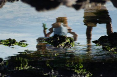 Deniz suyu havuzuna yansıtılan kayalarda ayin yapan birinin sanatsal yansıması..