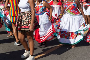 Salvador, Bahia, Brezilya - 8 Şubat 2026: Fuzue sırasında bir grup Sambadeira 'nın tam etek ve renkli çiçek desenlerinin yakın çekimi. Salvador, Bahia.
