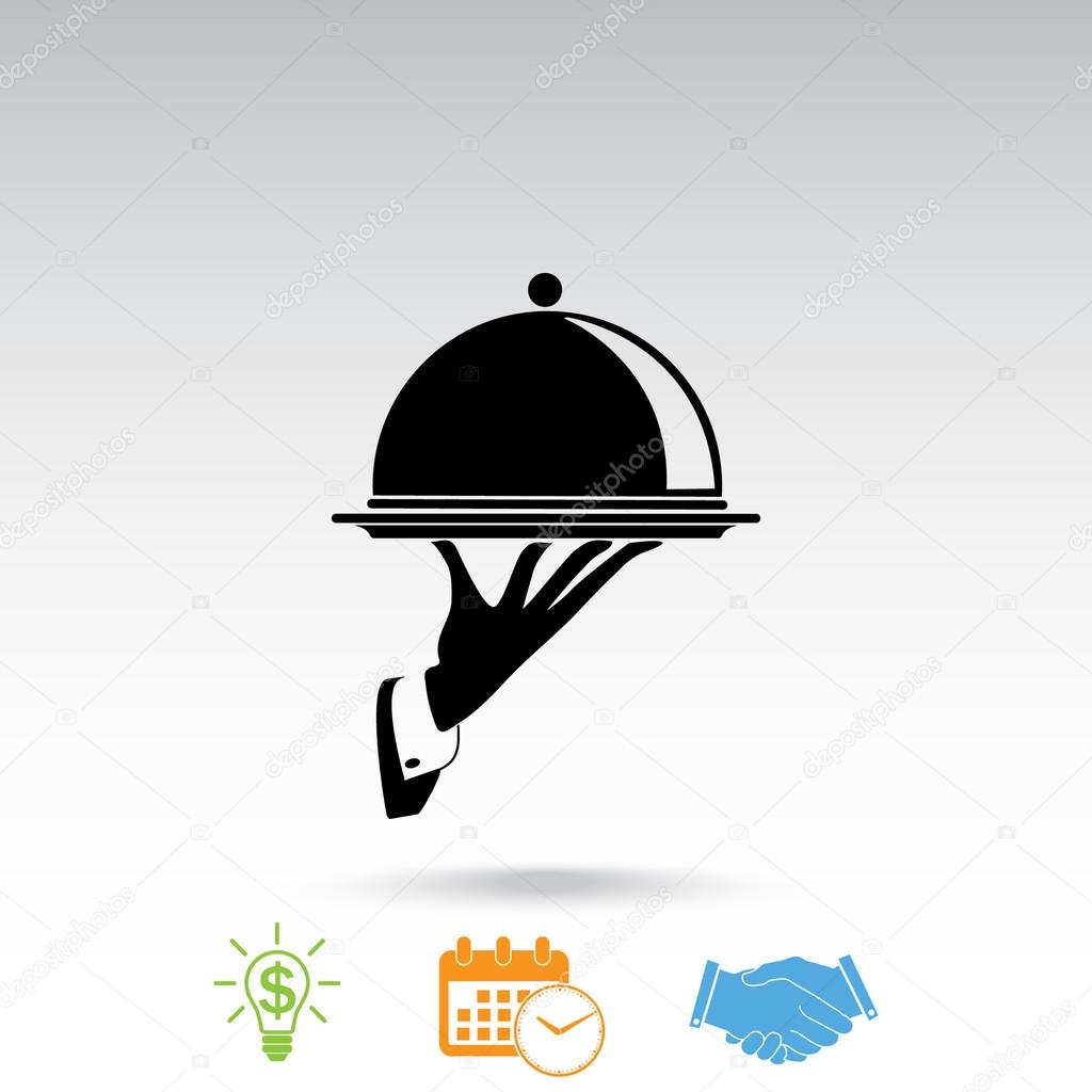Waiter hand holding tray icon. vector illustration