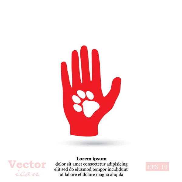 Mão humana com ícone de pata animal — Vetor de Stock