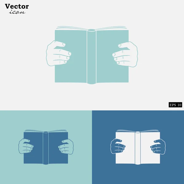 Руки держат книгу, читают иконки — стоковый вектор