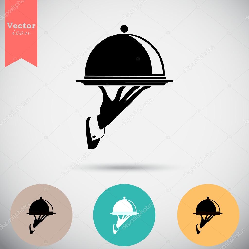 Waiter hand holding tray icon. vector illustration
