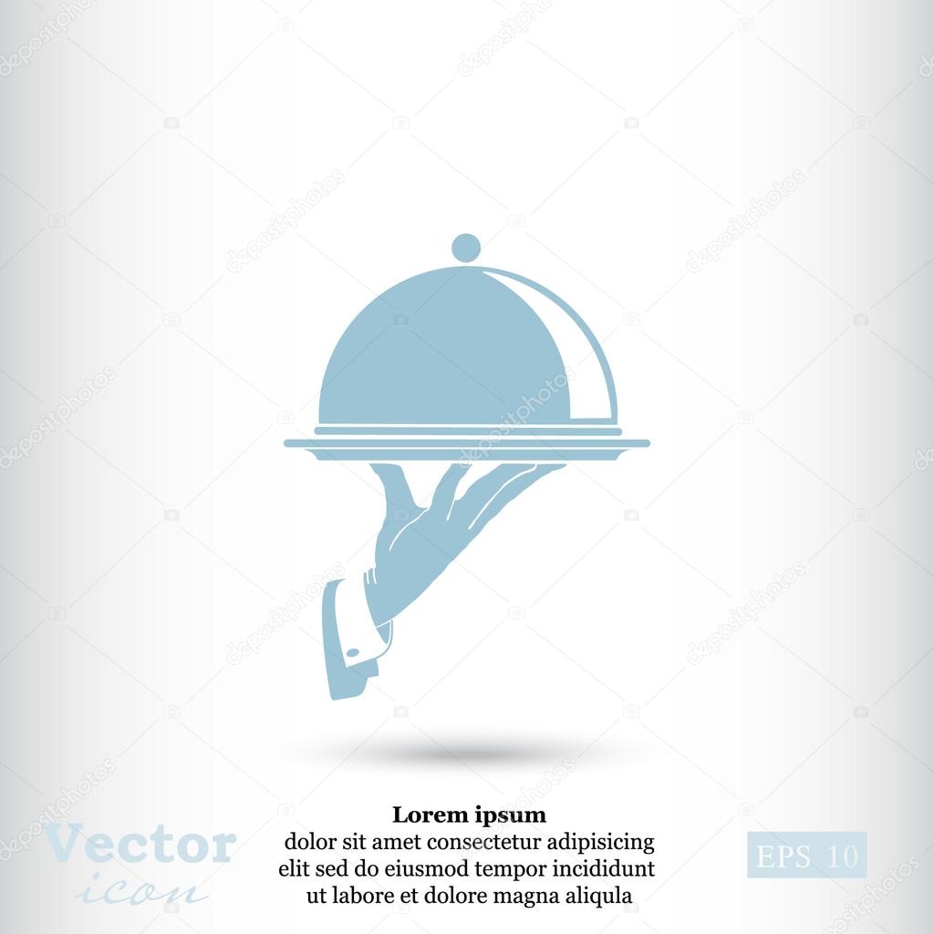 Waiter hand holding tray icon. vector illustration